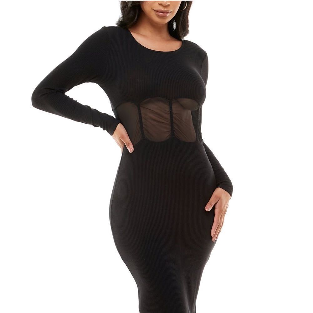 Almost Famous Black Mesh Panels and Long Sleeve Midi evening Dress Sz M‎